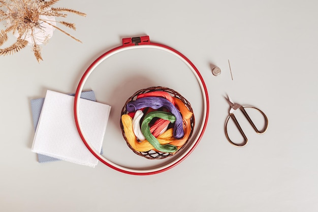 Kolorowe nici i tamborek do wyszywania